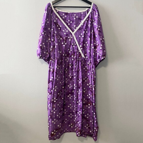 Hand Crafted Dresses & Skirts - Handmade Plus Size Cotton Batik Purple White Print V-Neck Dress